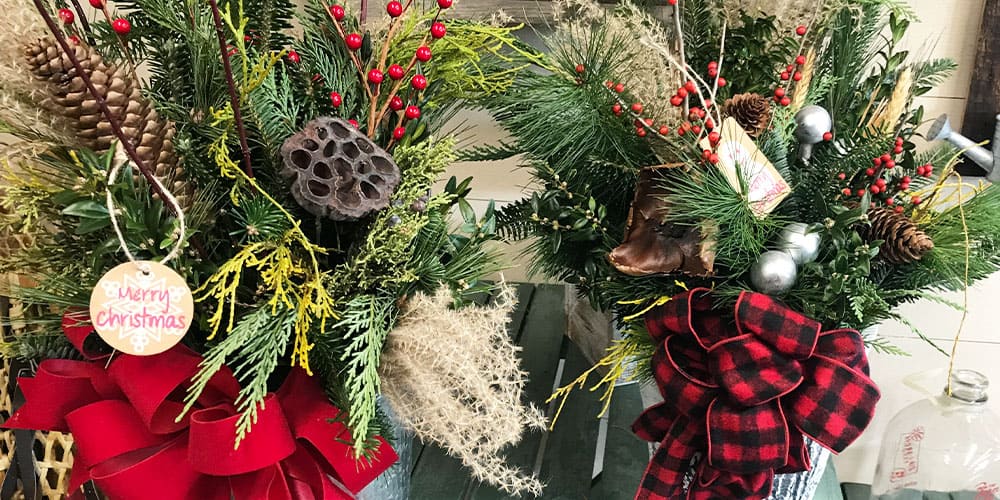 Stephens Landscaping Garden Center-Moultonborough-Holiday Porch Pot Designs-holiday planters of evergreens