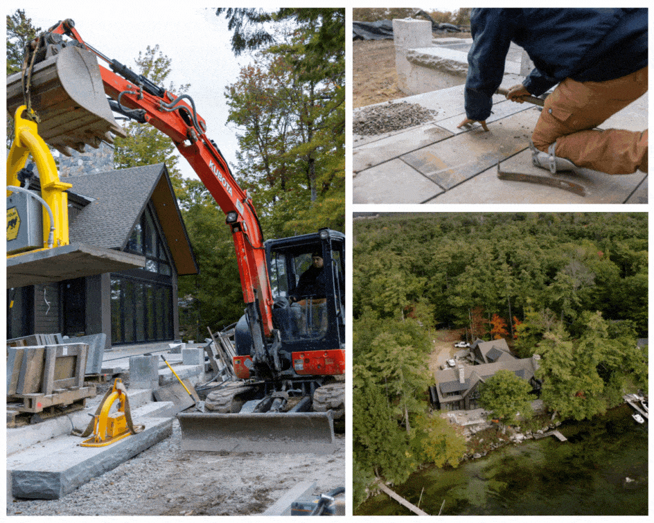 A collage of photos shows the construction of a stone patio by the masonry team at Stephens Landscaping Professionals.