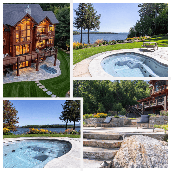 A collage shows photos of a luxurious in-ground spa with turquoise blue water situated on the patio of a large home on Lake Winnipesaukee in New Hampshire. 