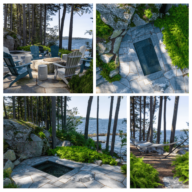 A collage featuring photos of a beautiful naturalistic outdoor spa surrounded by natural boulders and lush green ferns. 